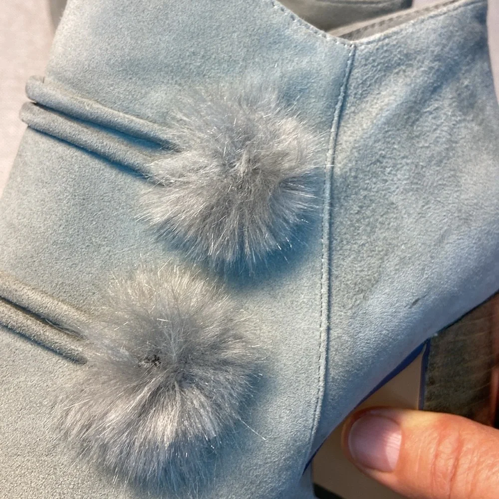 Gray Suede Pom-Pom Block Heel Booties - Women